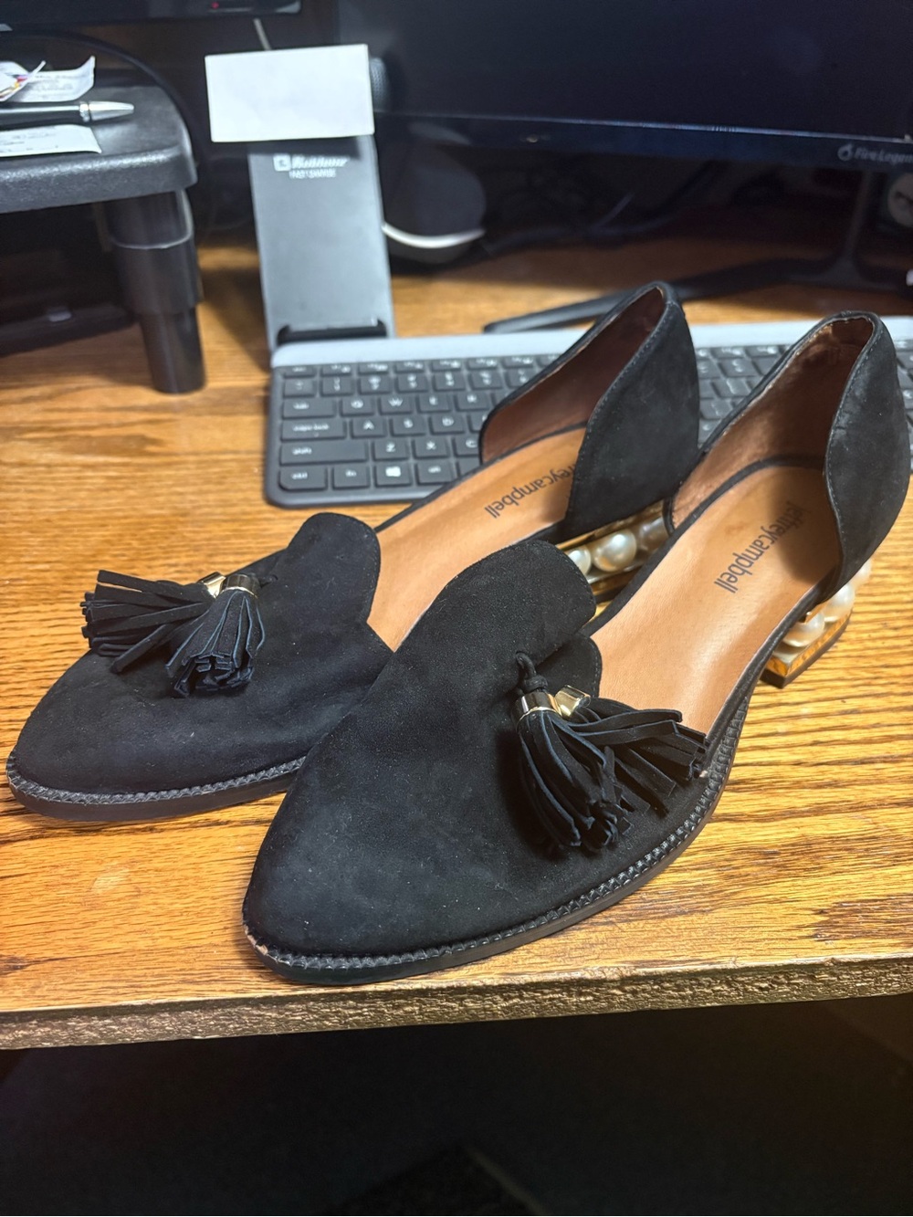 Black Tassel D'Orsay Loafers with Pearl Accent Heel